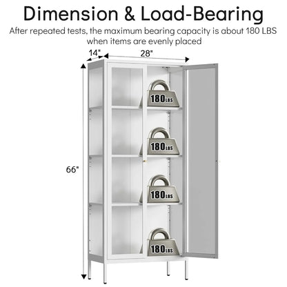 Display Cabinet with 3 Color LED Lights and Tempered Glass, 66 Inch Tall With 3 Sided Glass, White