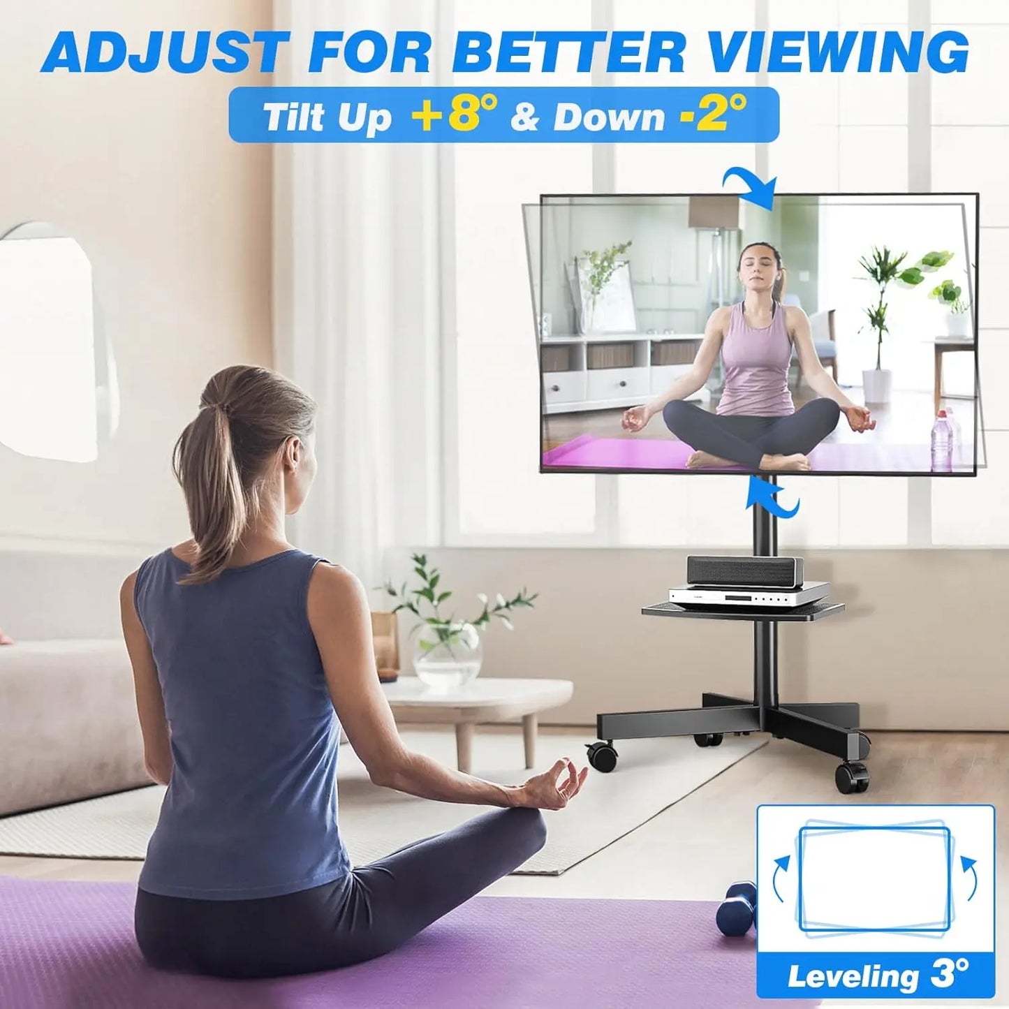 Universal Rolling TV Stand with Shelf for 23-65 inch TVs up to 88lbs, Adjustable Height & Tilt, Silent Wheels