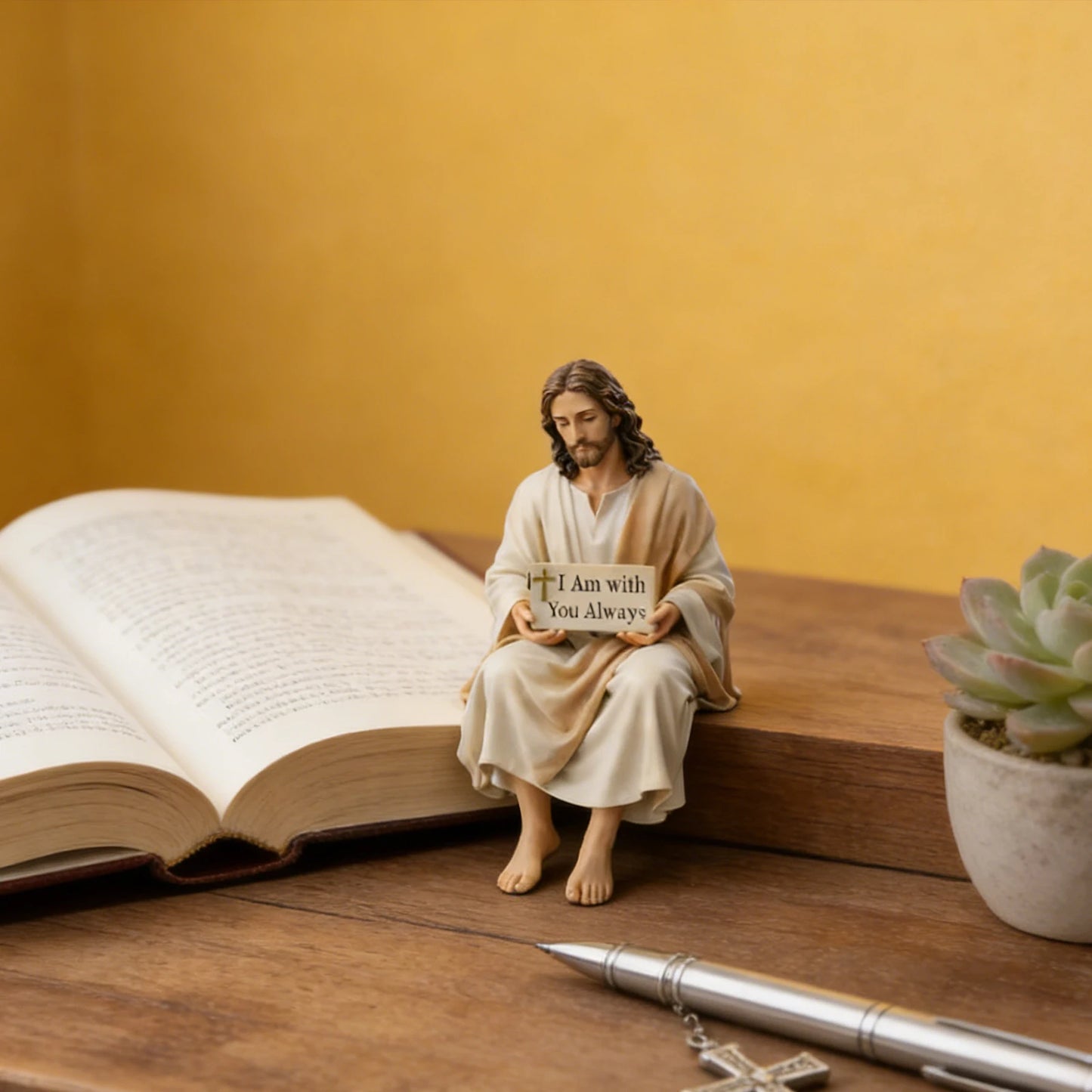 Jesus Resin Desk Companion Figurine with I Am with You Always Sign Jesus Statue for Car Dashboard Home Office Table Decor