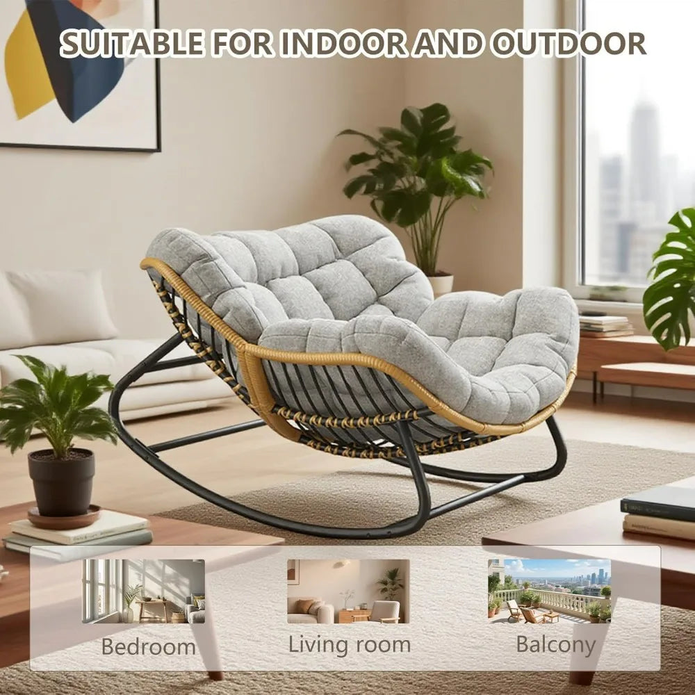 Oversized Papasan Rocking Chair With Thick Cushion Rattan Wicker Egg Chair for Indoor Outdoor Patio Bedroom Living Room