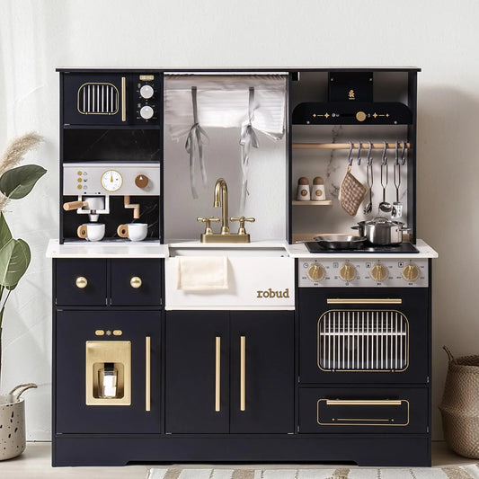 Wooden Play Kitchen with Wash basin, Cookware, Accessories, and Microwave.  Toy Kitchen Gift for Boys and Girls