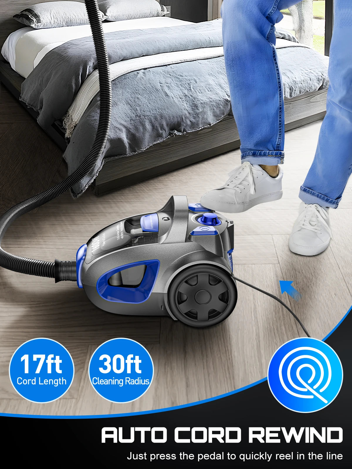 Canister Vacuum Cleaner, 1600W Powerful, 3.7QT Large Dust Cup Vacuum for Hard Floors, Carpets, Pet Hair
