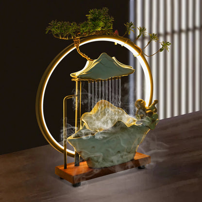 Tabletop Ceramic Fountain With Lights and Pump Free Standing 35*13*37cm for Living Room, or Office