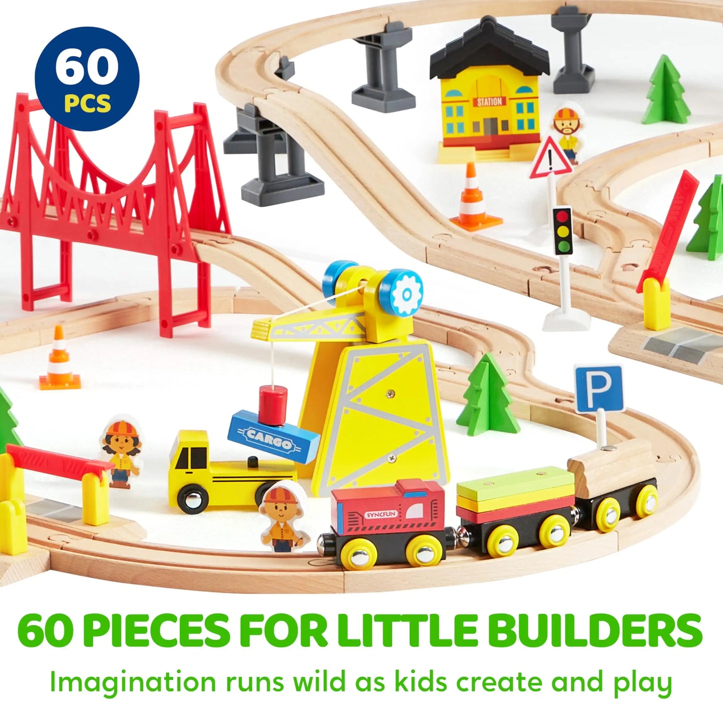 60 Pcs Kids Train Toy With Wooden Tracks & 6 Magnetic Trains Expandable Train Set for Toddlers