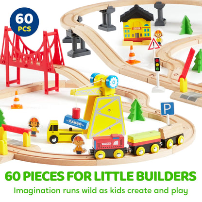 60 Pcs Kids Train Toy With Wooden Tracks & 6 Magnetic Trains Expandable Train Set for Toddlers