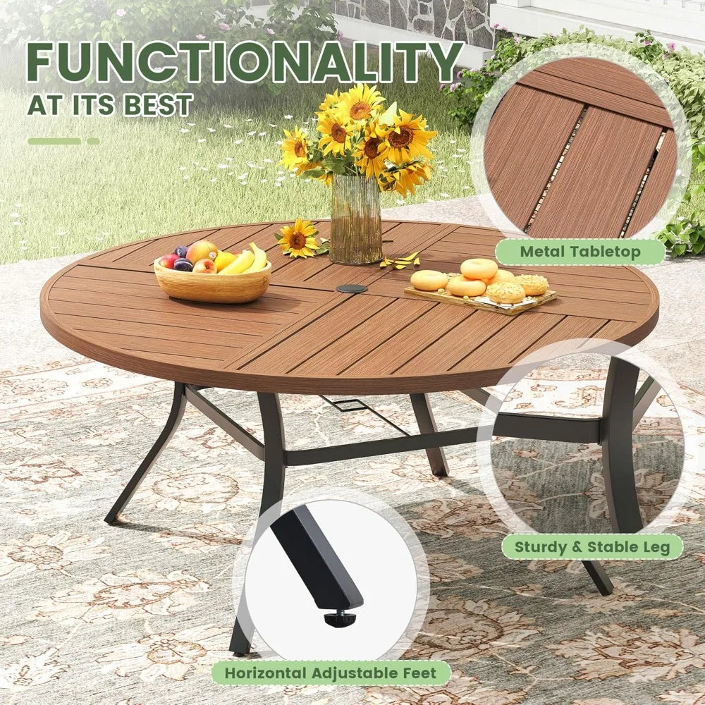 Outdoor Patio Round Dining Table for 6, 49.9" x 49.9" Metal Sleek Slat Dining Table with Umbrella Hole for Lawn Garden Deck Back