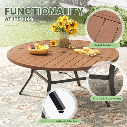 Outdoor Patio Round Dining Table for 6, 49.9" x 49.9" Metal Sleek Slat Dining Table with Umbrella Hole for Lawn Garden Deck Back
