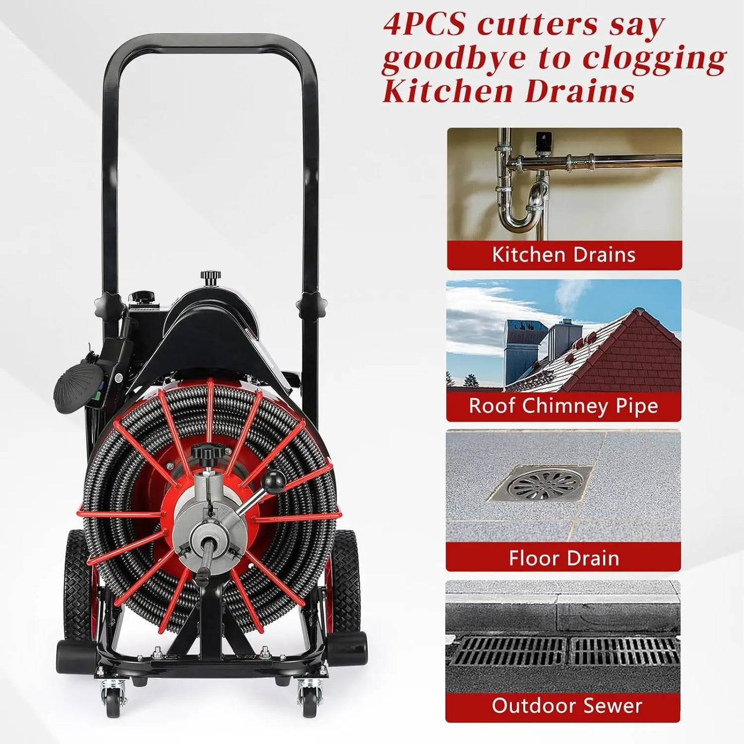 Drain Cleaner Machine 100 FT, With Auto Feed and 4 Cutters