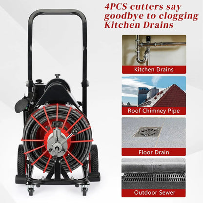 Drain Cleaner Machine 100 FT, With Auto Feed and 4 Cutters