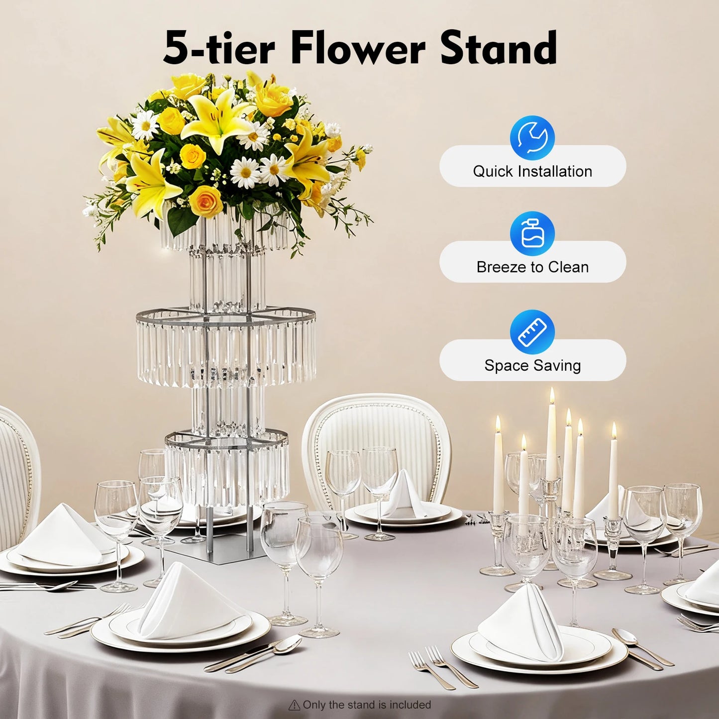 Gold/Silver 5 Tier Wedding Centerpiece 110cm Acrylic Crystal Flower Vase Rack for Floor Table Decor Display Holder,