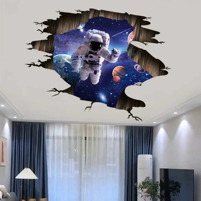 3D Space Astronaut Vinyl Broken Wall Stickers Starry Planet Design Art Mural for Kids Room or Ceiling