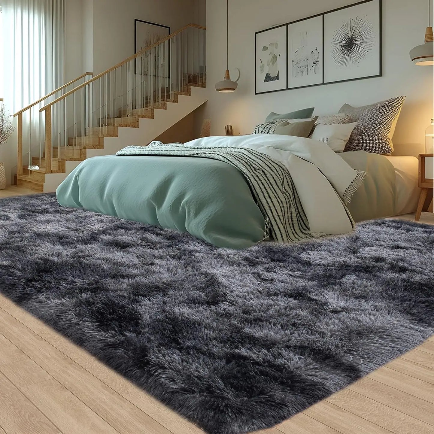 Soft Area Non-Slip Rugs for Living Room; Thick Plush Carpets Tie-Dyed Dark Gray Fluffy Artificial Velvet Soft Carpets