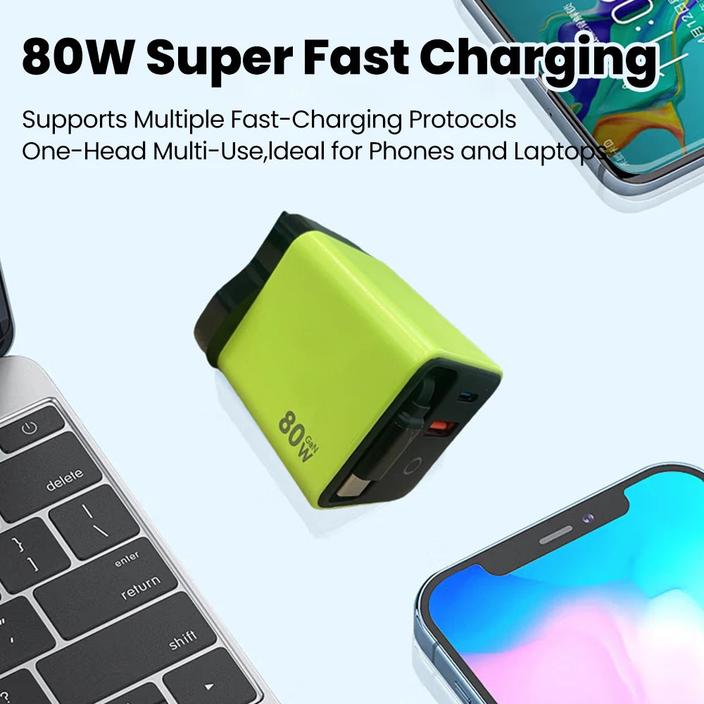 80W Super Fast Charge Type C USB Phone Charger With Telescopic USB C Cable For Iphone 16 15, Samsung, Laptop, With Light