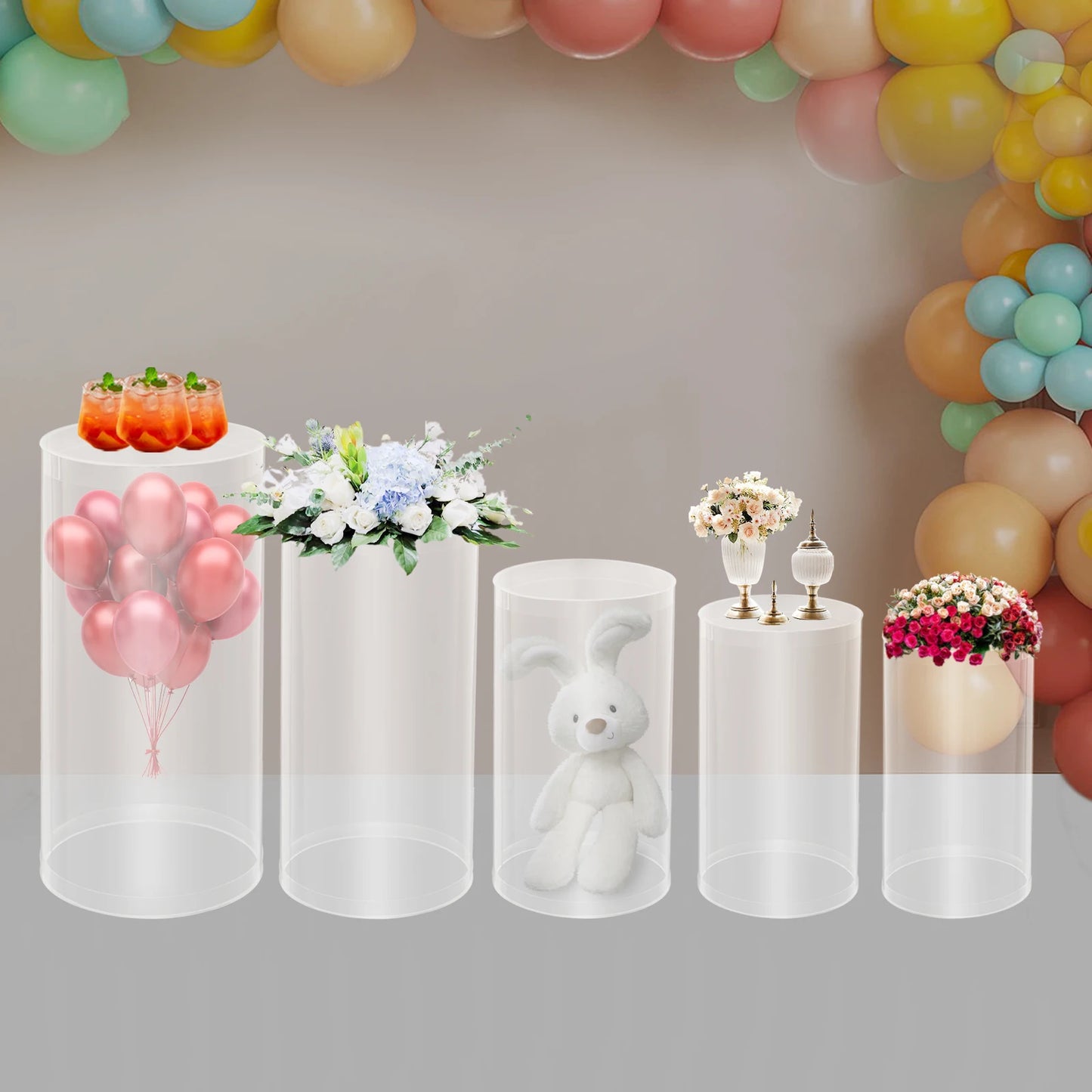 5 Pcs Acrylic Display Stand Set for Wedding Certificate Photo Holder, Clear Cylinder Pillar for Party Decor or Exhibition Table