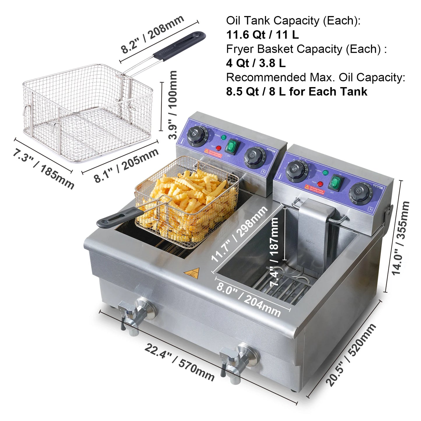 12L Electric Deep Fryer w/Dual Removable Tanks Commercial Countertop  Fryer for Chicken French Fries Frying Chips