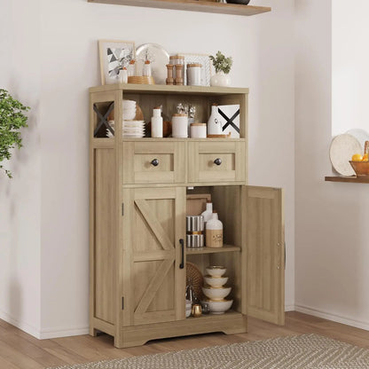 Natural Wood Storage Cabinet with Drawers and Shelves Standing Kitchen Pantry Cabinet for Home or Office