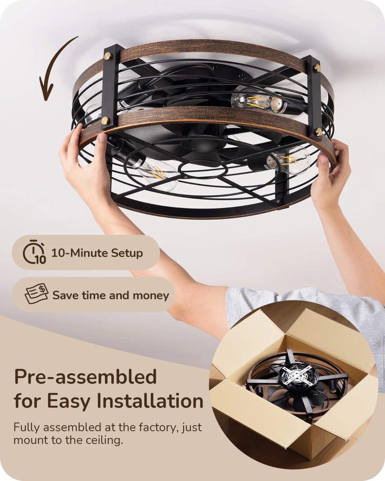 Quiet DC Motor Ceiling Fan with Dimmable Light Remote Brushed Gold