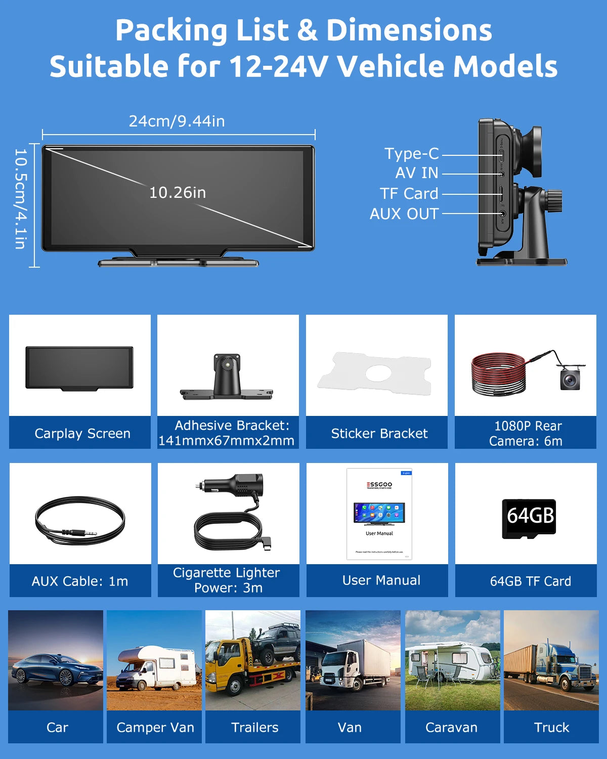 10.26"4K 64G Touchscreen Auto/Truck Dash Car Stereo