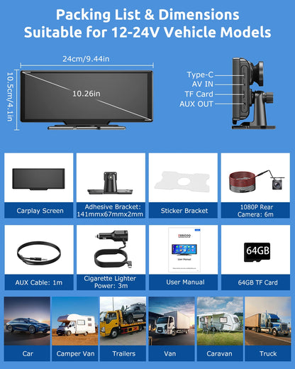 10.26"4K 64G Touchscreen Auto/Truck Dash Car Stereo