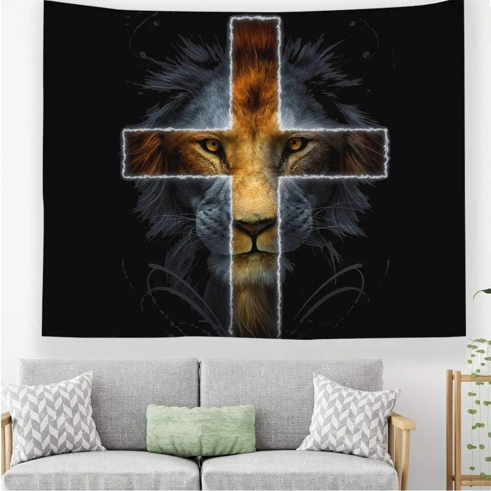The Cross and Lion King Tapestry - Gold and Black Wall Hanging 60x51 Inches