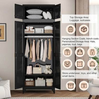 86" Metal Wardrobe Cabinet, Black Armoire Wardrobe Closet with Hanging Rod, Clothes Storage Cabinet