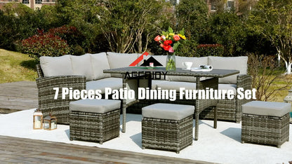 Patio Furniture Sets 7-Pieces Outdoor Sectional Sofa Rattan Wicker Sofa W/ Table