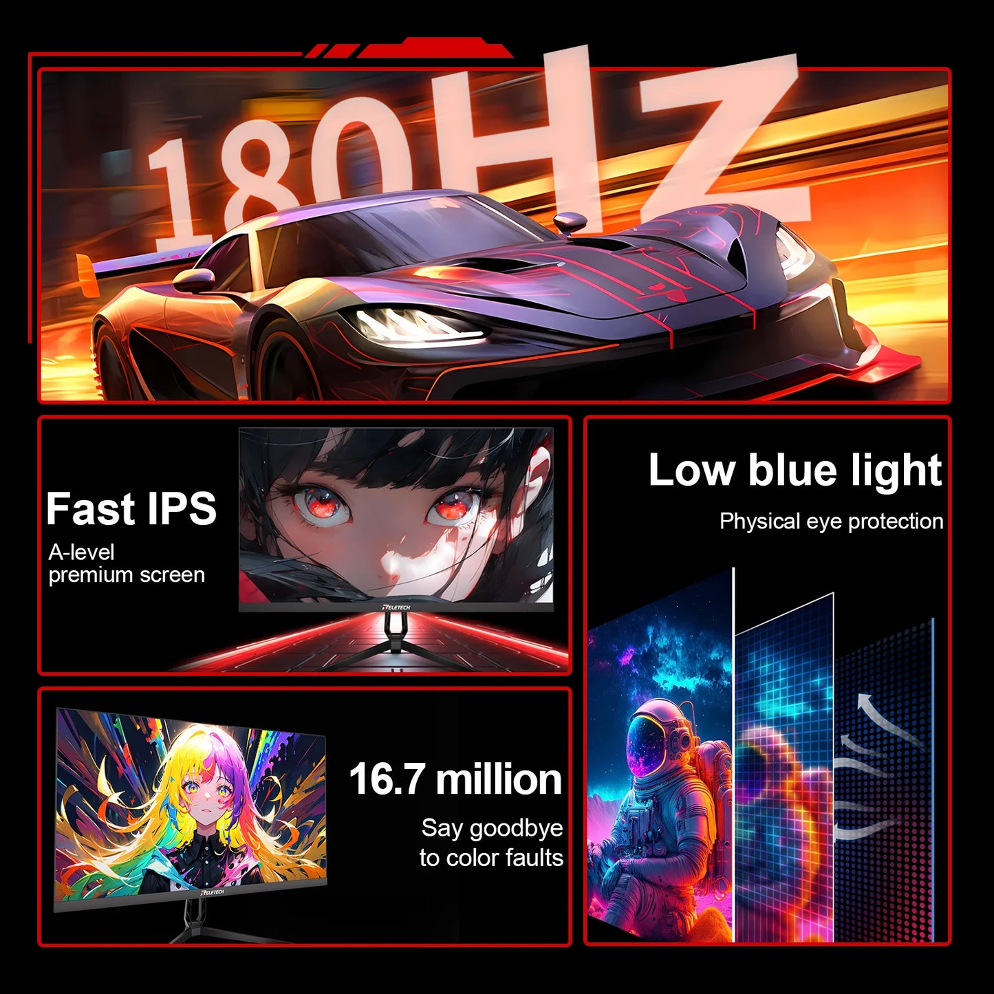 Reletech Monitor 23.8Inch 180Hz Gaming Monitor 1080P Fast IPS G-Sync/FreeSync HDR Support VESA Wall Mount Low Blue Light