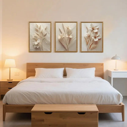 3 pcs Framed Neutral Beige Floral Canvas Wall art