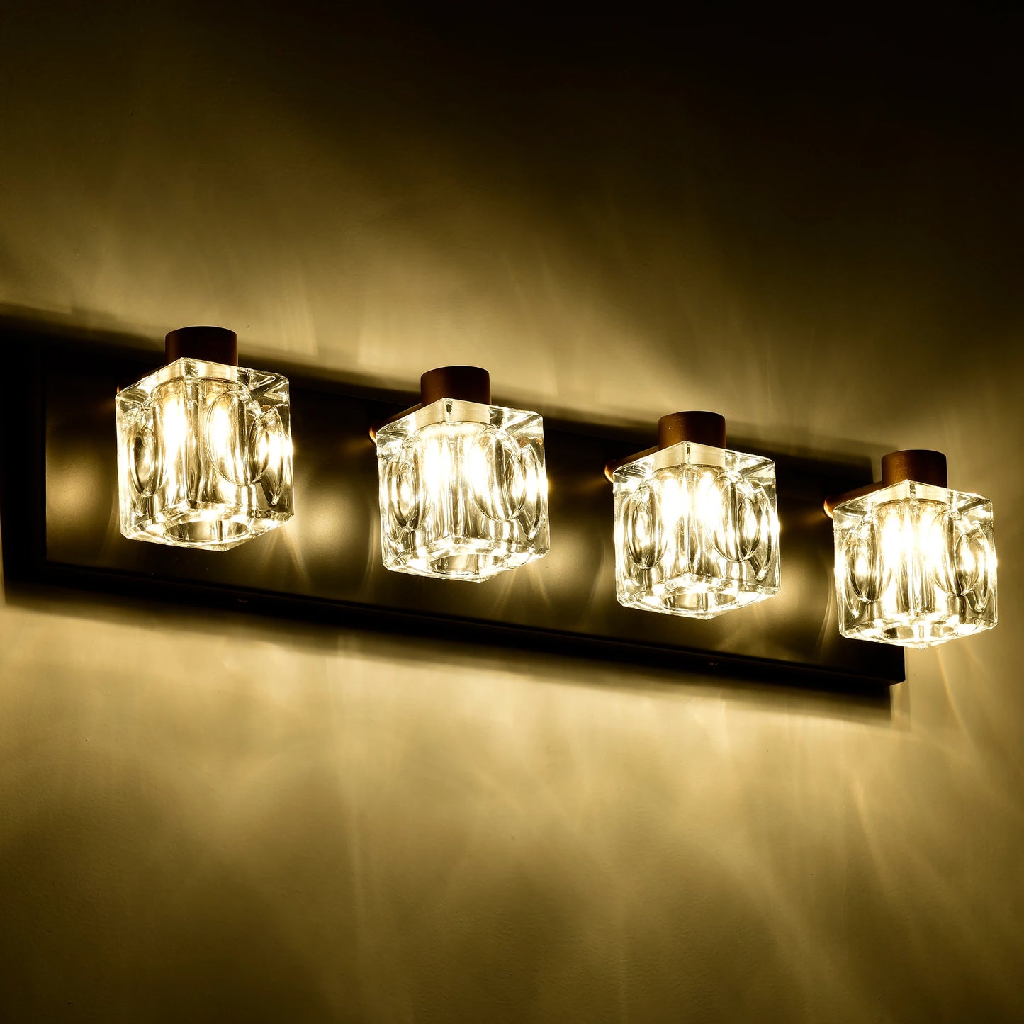 4-Light Matte Black + Gold Bathroom Light Fixtures, with Crystal Glass Shades
