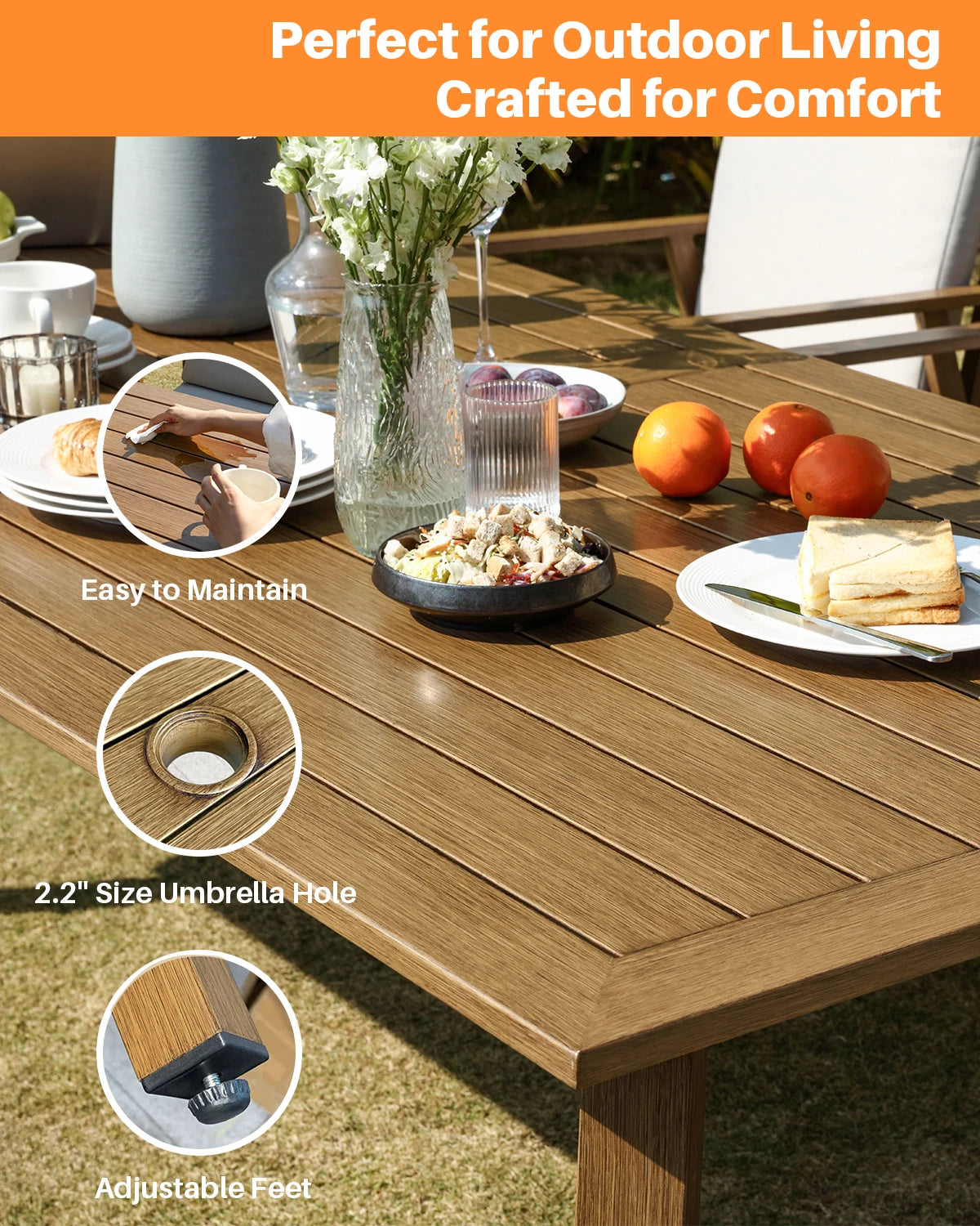 SeeHill 7 Pieces Patio Dining Set for 6, Outdoor Aluminum Dining Patio Table Furniture Set with Umbrella Hole for Garden, Teak