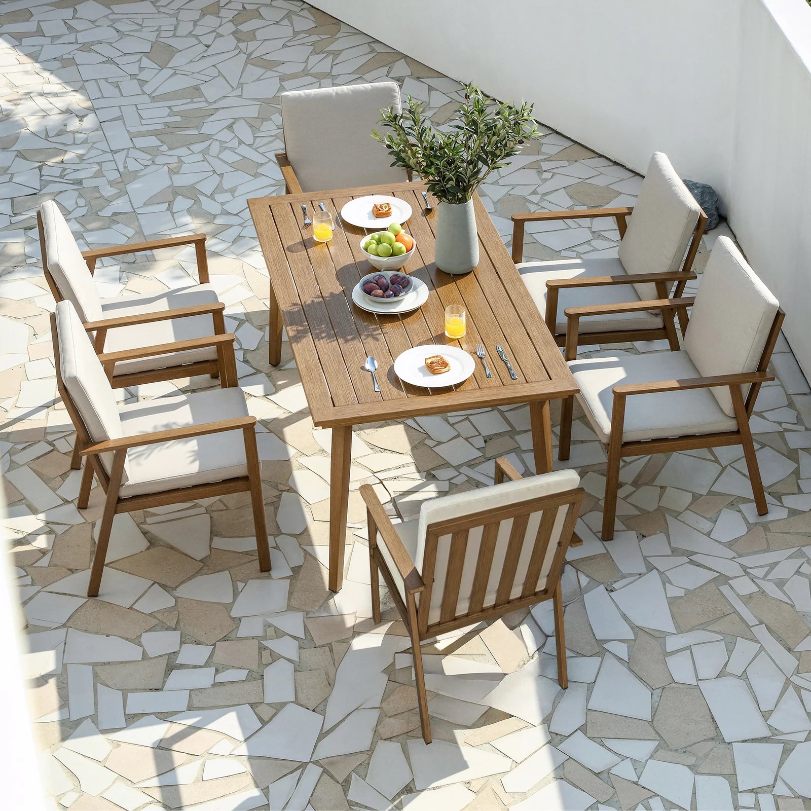 SeeHill 7 Pieces Patio Dining Set for 6, Outdoor Aluminum Dining Patio Table Furniture Set with Umbrella Hole for Garden, Teak