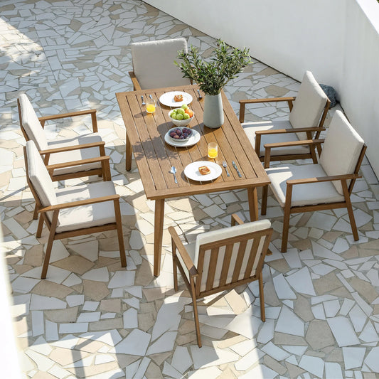 SeeHill 7 Pieces Patio Dining Set for 6, Outdoor Aluminum Dining Patio Table Furniture Set with Umbrella Hole for Garden, Teak
