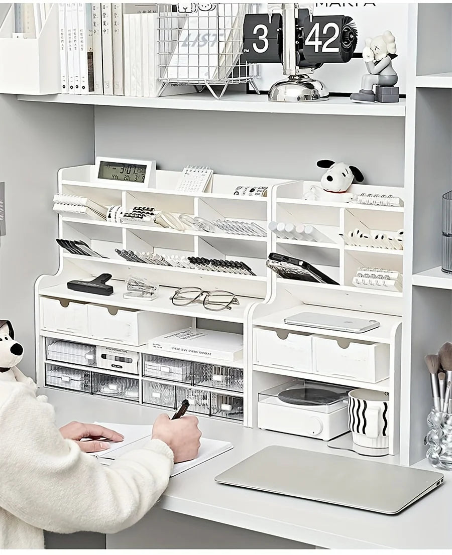 1PC, 2-Tier Desk Organizer & Drawer Storage With Tilt Pen Holder and Raised Bookshelf
