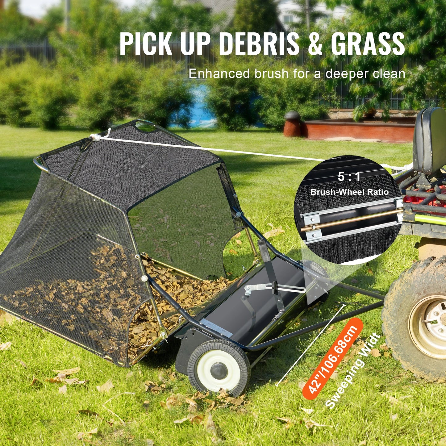 SucceBuy 42-inch Lawn Sweeper Tow Behind 12 cu.ft. Heavy Duty Leaf Grass Collector Adjustable Height for Picking Up Debris Grass