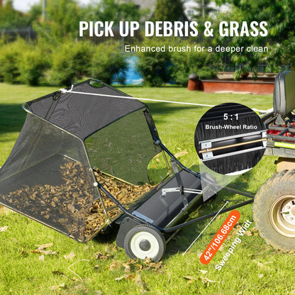SucceBuy 42-inch Lawn Sweeper Tow Behind 12 cu.ft. Heavy Duty Leaf Grass Collector Adjustable Height for Picking Up Debris Grass