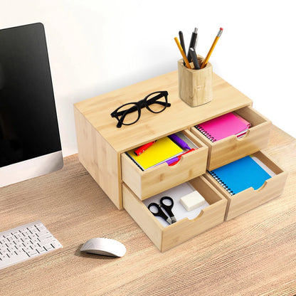 4-Drawer Desktop Bamboo Tabletop Storage Organization Boxes