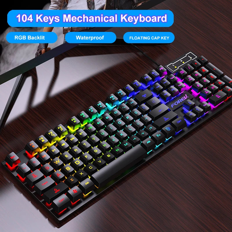 104 Keys Mechanical feel Wired Keyboard for Laptop Desktop Ergonomics RGB Backlit LED Keycaps PC Accessories