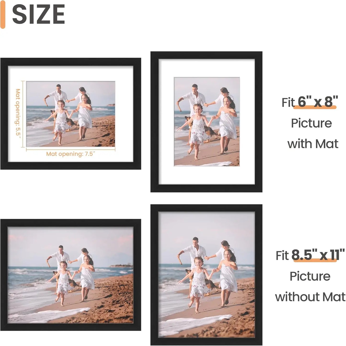 8.5 x 11 Picture Frame, Display Pictures 6x8 with Mat or 8.5 x 11 Without