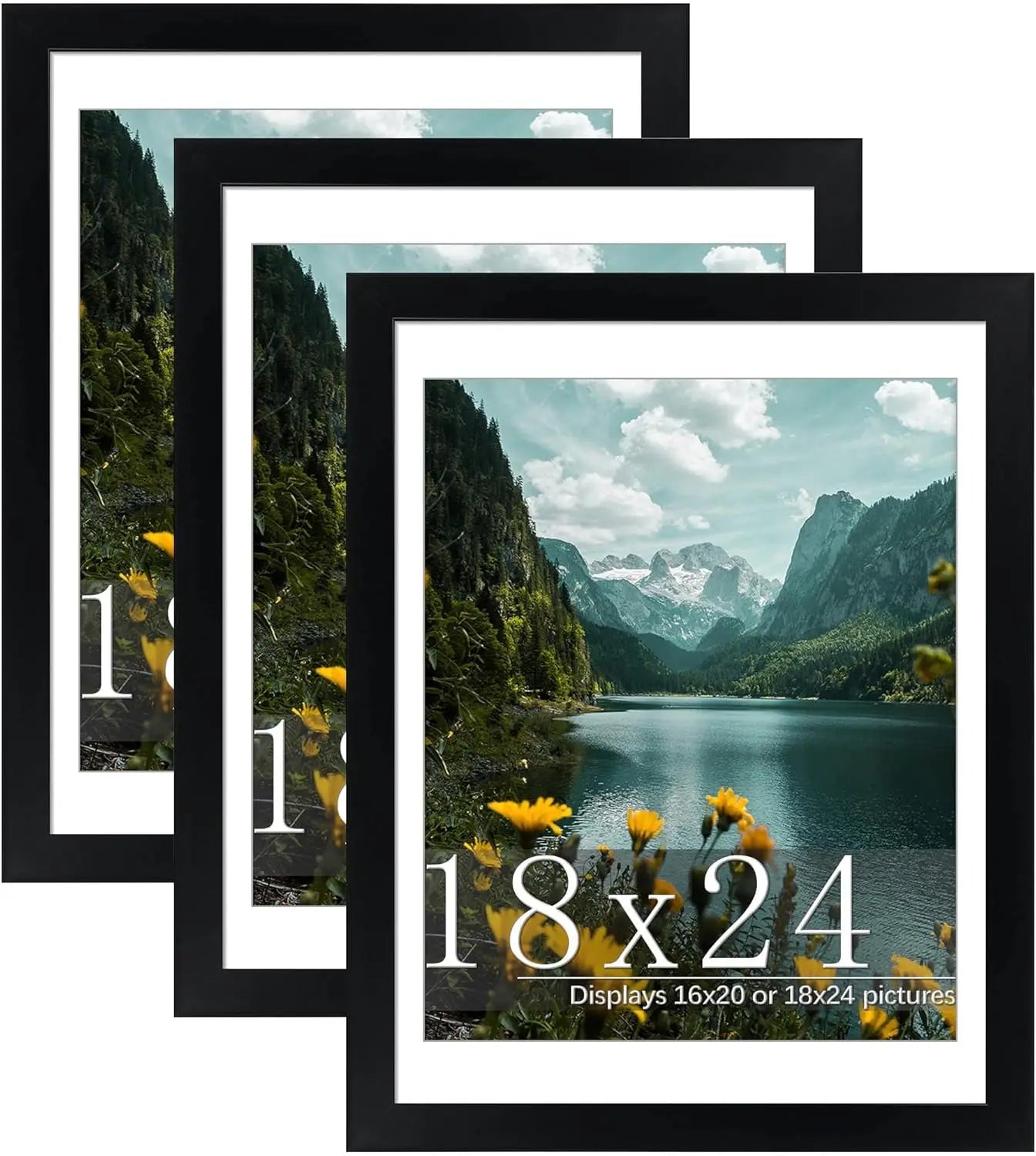 3 Pack, 18x24 Picture Frame  Black Poster Frame with Mat for 16x20 or 18x24 Photos