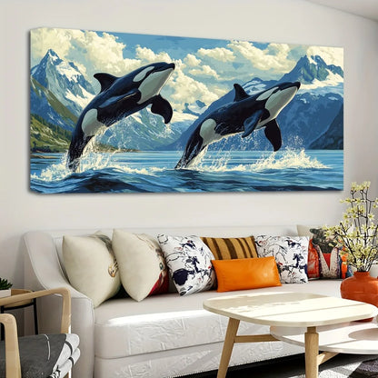 1.5 inch thick pine solid wood frame, hallway home living room decorated with suspense killer whale and the blue ocean