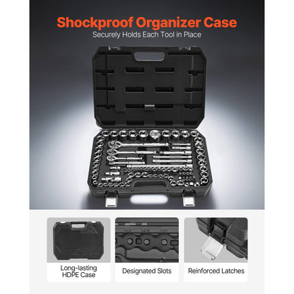 Socket Set 86 Pieces 1/4," 3/8," and 1/2inch SAE and Metric Socket and Ratchet Set