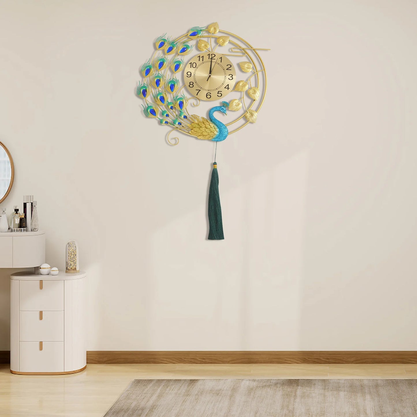 Peacock Metal Wall Clock, Gold Blue Wall-mounted Silent Art Wall Clock 58*100cm for Decoration Bedrooms