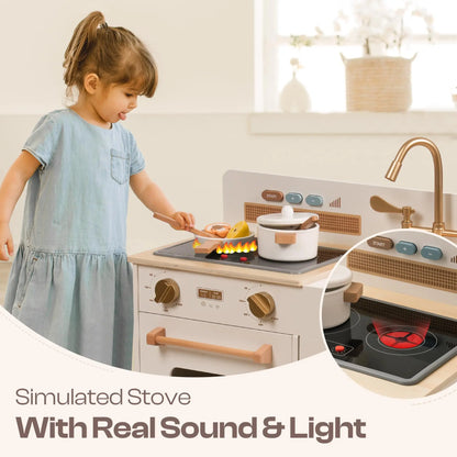 Wooden Play Kitchen with Real Lights, Sounds, and Ice Cube Dispenser