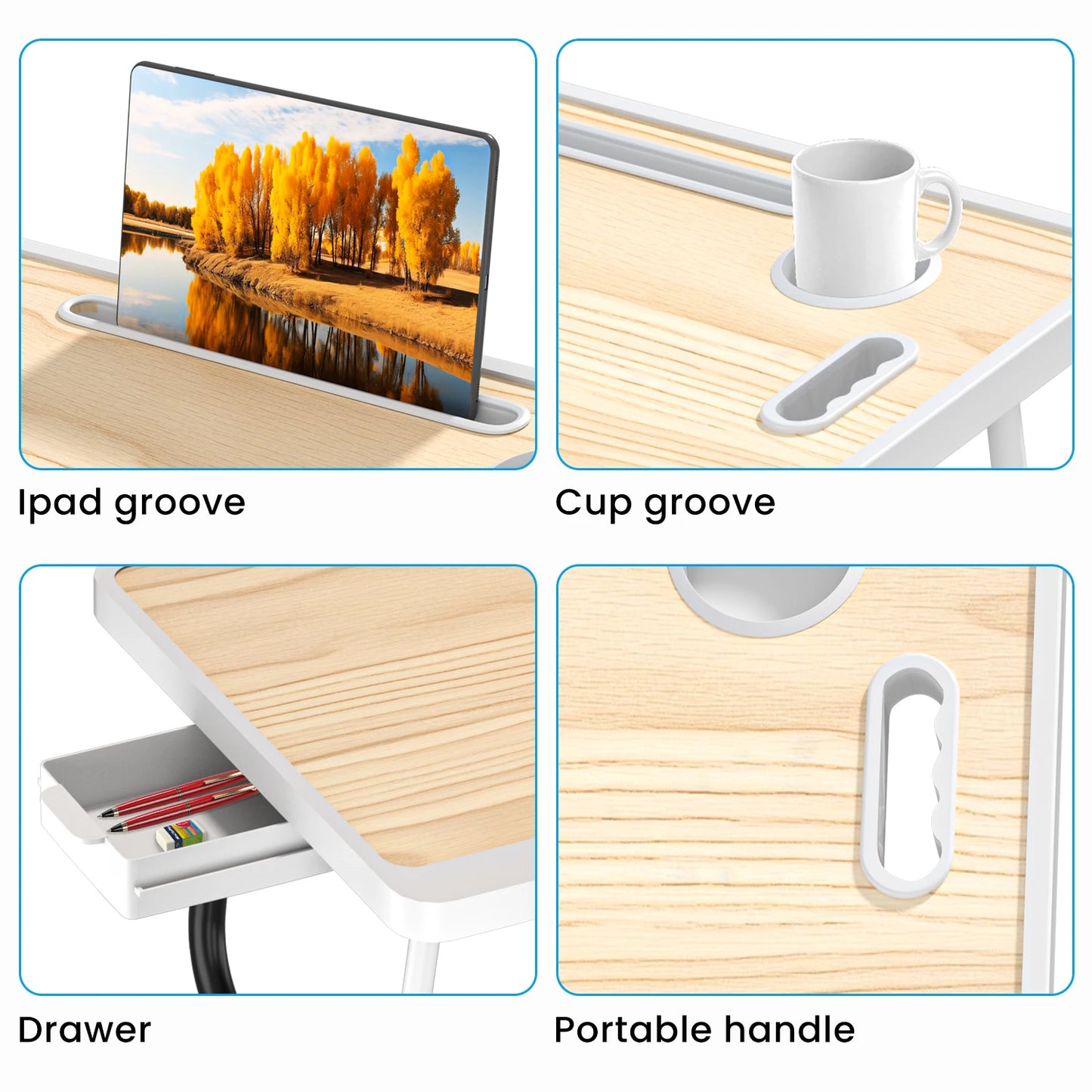 Extra-large multifunctional folding desk, portable wooden laptop bed desk with cup holder