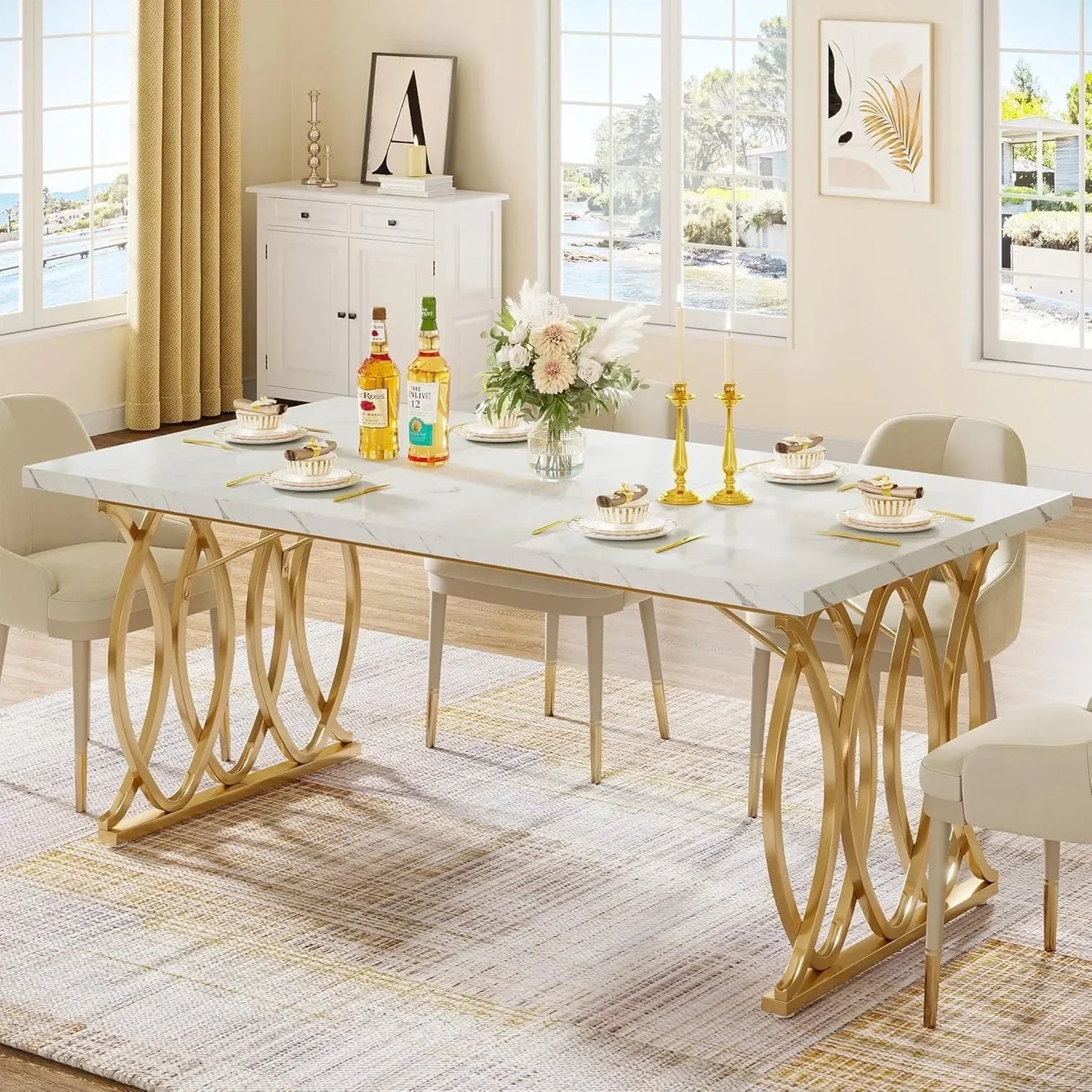 63 inch Modern Dining Table, Large Kitchen Table for 4-6 People, Unique Rectangular Dinner Table Kitchen & Dining Room Furniture