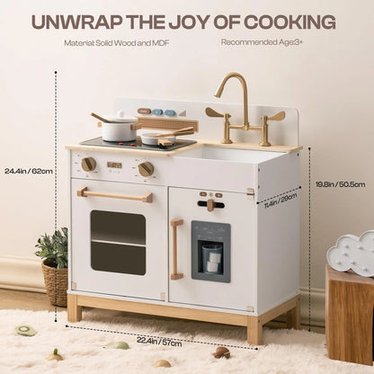 Wooden Play Kitchen with Real Lights, Sounds, and Ice Cube Dispenser