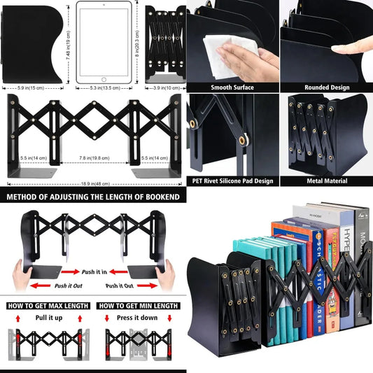 2PCS Adjustable Metal Bookends with 2 Dividers for Heavy Books