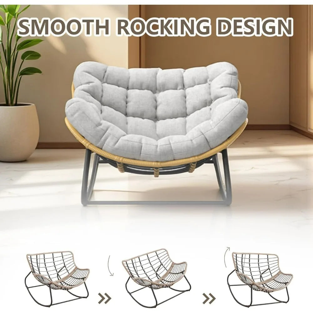 Oversized Papasan Rocking Chair With Thick Cushion Rattan Wicker Egg Chair for Indoor Outdoor Patio Bedroom Living Room