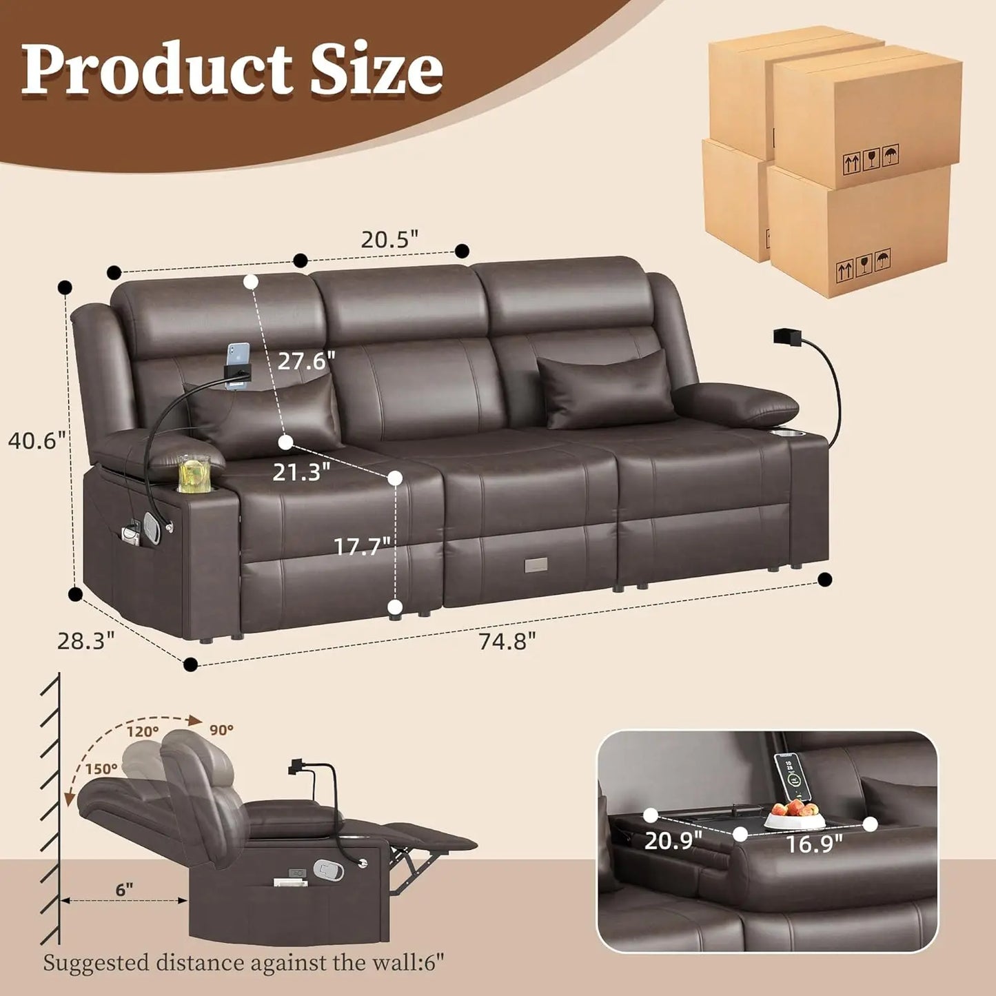 Home Theater, RV Reclining Sofa Set with Adjustable Headrest with Heat and USB & Type-C, and Drawer