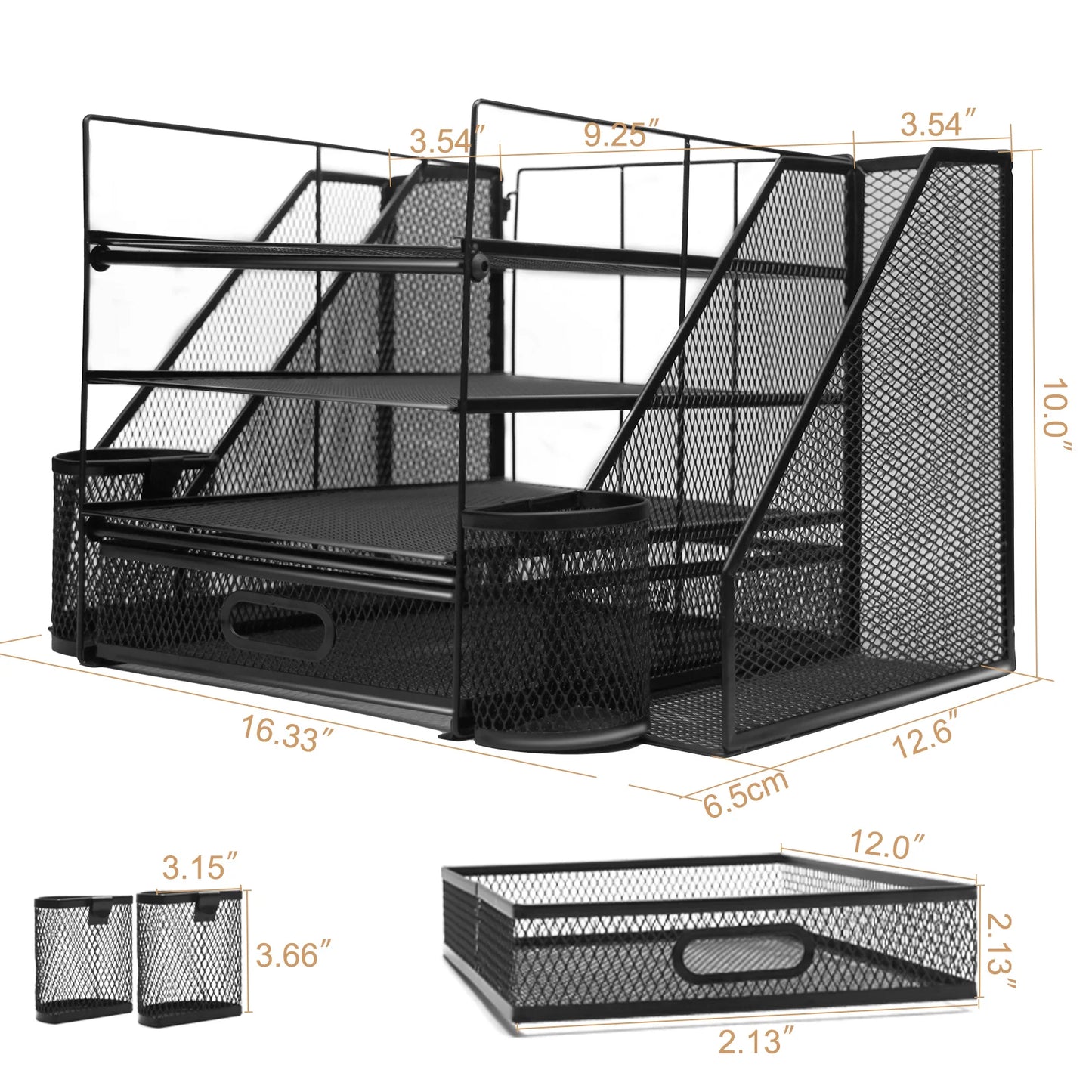 Office Desktop, 4 Tray File Organizer with Drawer and 2 Pen Holders